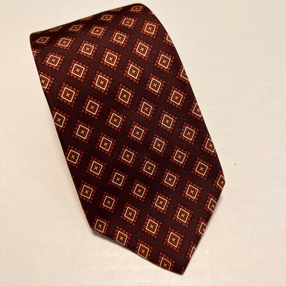 VTG Paco Rabanne Brown Diamond Geometric‎ Pattern Silk Neck Tie Made in Italy - Picture 1 of 5